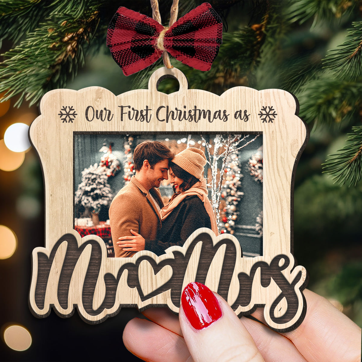 Personalized Wooden Couple Ornament, Our First Christmas As Mr & Mrs Photo Wooden Ornament For Christmas, Best Personalized Presents For Couple, Newlyweds
