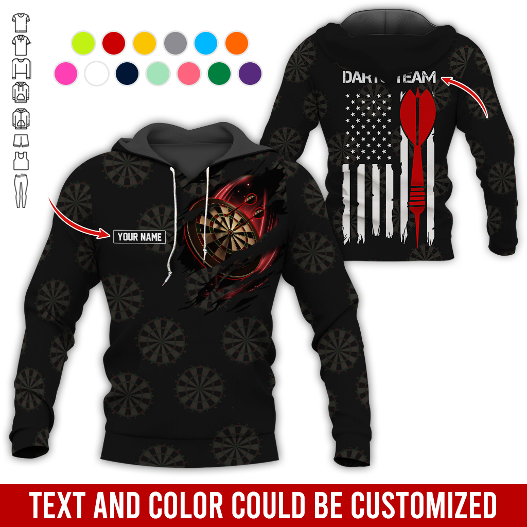 Customized Name & Team Name Darts Premium Hoodie, American Flag & Darts Pattern Black Hoodie, Perfect Gift For Darts Lovers, Friend, Family