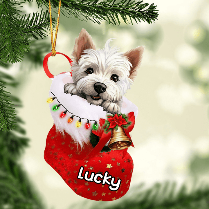Custom Dog Christmas Car Ornament, Personalized West Highland White Terrier In Stocking Christmas Car Ornament for Dog Lover
