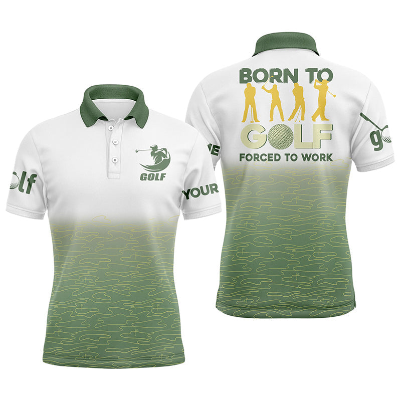 Custom Golf Long Sleeve Men Polo Shirt - Green Pattern Custom Name Apparel - Born To Golf Forced To Work - Personalized Gift For Golf Lover, Team