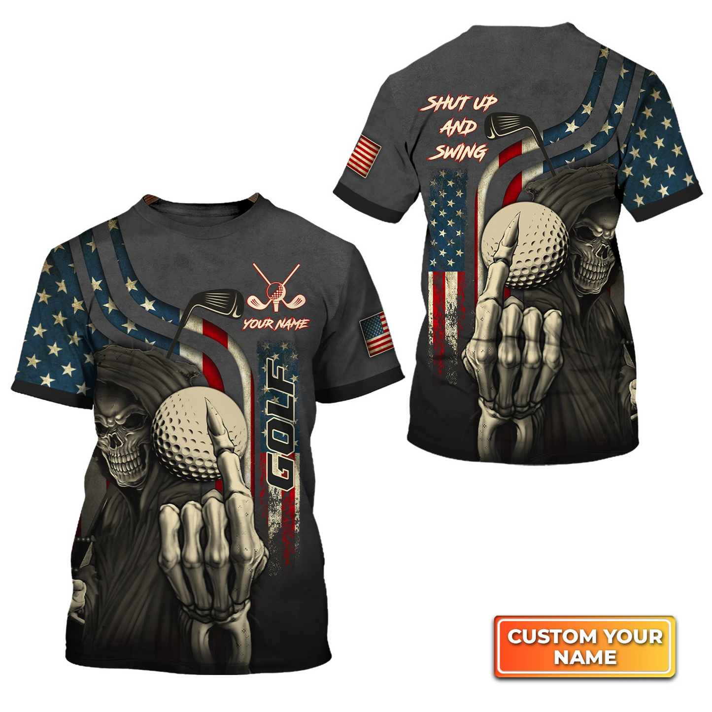 Golf T shirt Custom Name - America Flag Skull Golf Shut Up And Swing T-shirt - Gift For Friend, Family, Golf Lovers