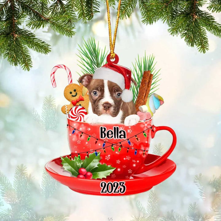 Custom Dog Acrylic Christmas Ornament, Personalized Red Boston Terrier & Santa Hat In Red Cup Acrylic Ornament for Dog Lover,Christmas