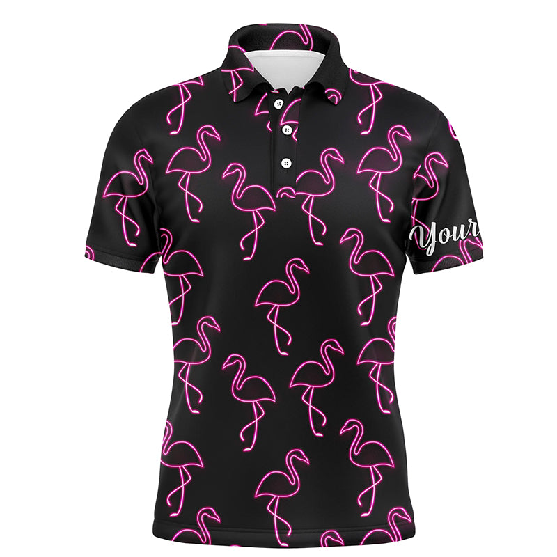 Custom Golf Long Sleeve Men Polo Shirt - Custom Name Neon Pink Flamingos Pattern Apparel Polo Shirt - Personalized Gift For Golf Lover, Team, Husband