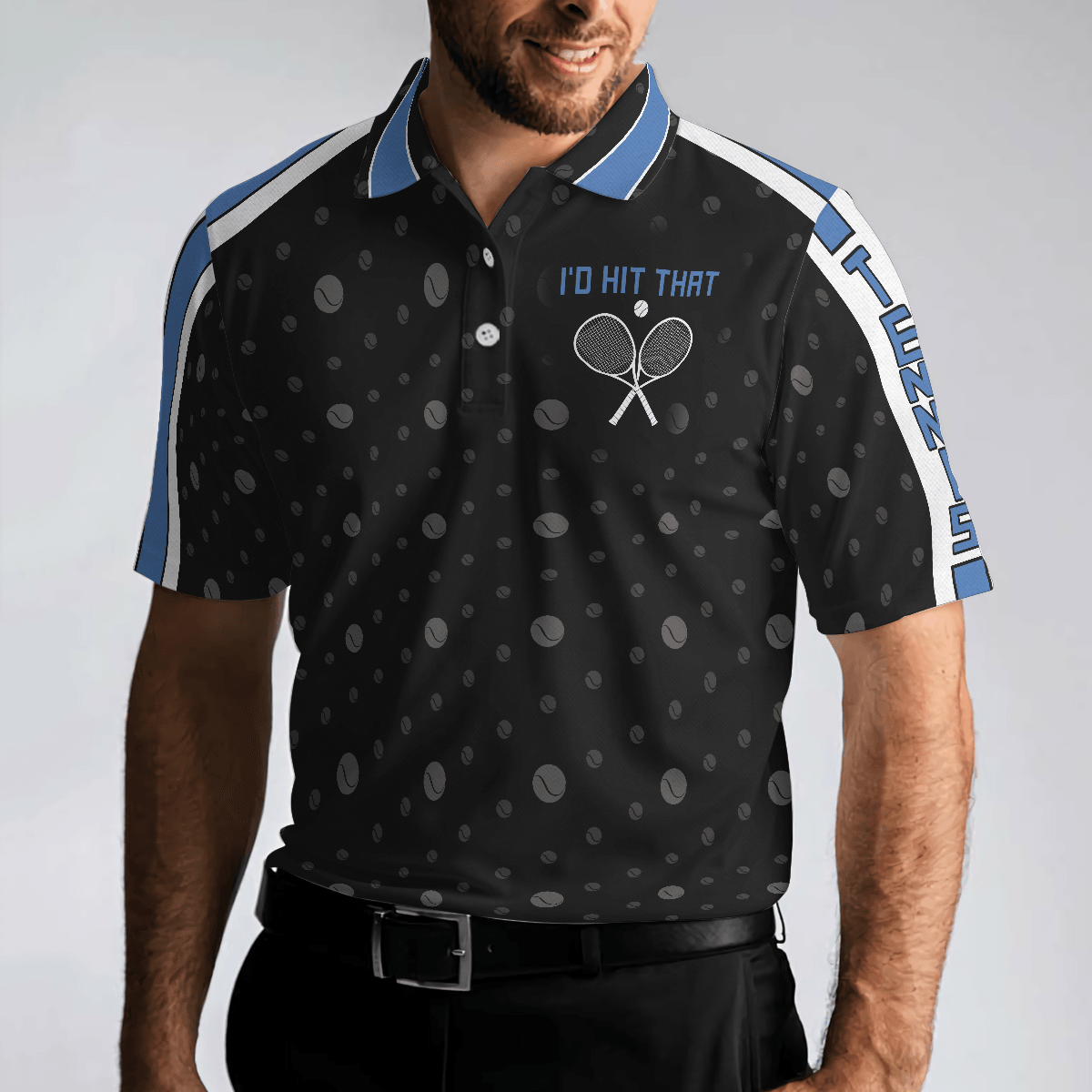 Tennis Blue Version Polo Shirt, Black Dot And Tennis Ball Pattern Polo Shirt, Best Tennis Shirt For Men - Perfect Gift For Men, Tennis Lovers - Amzanimalsgift