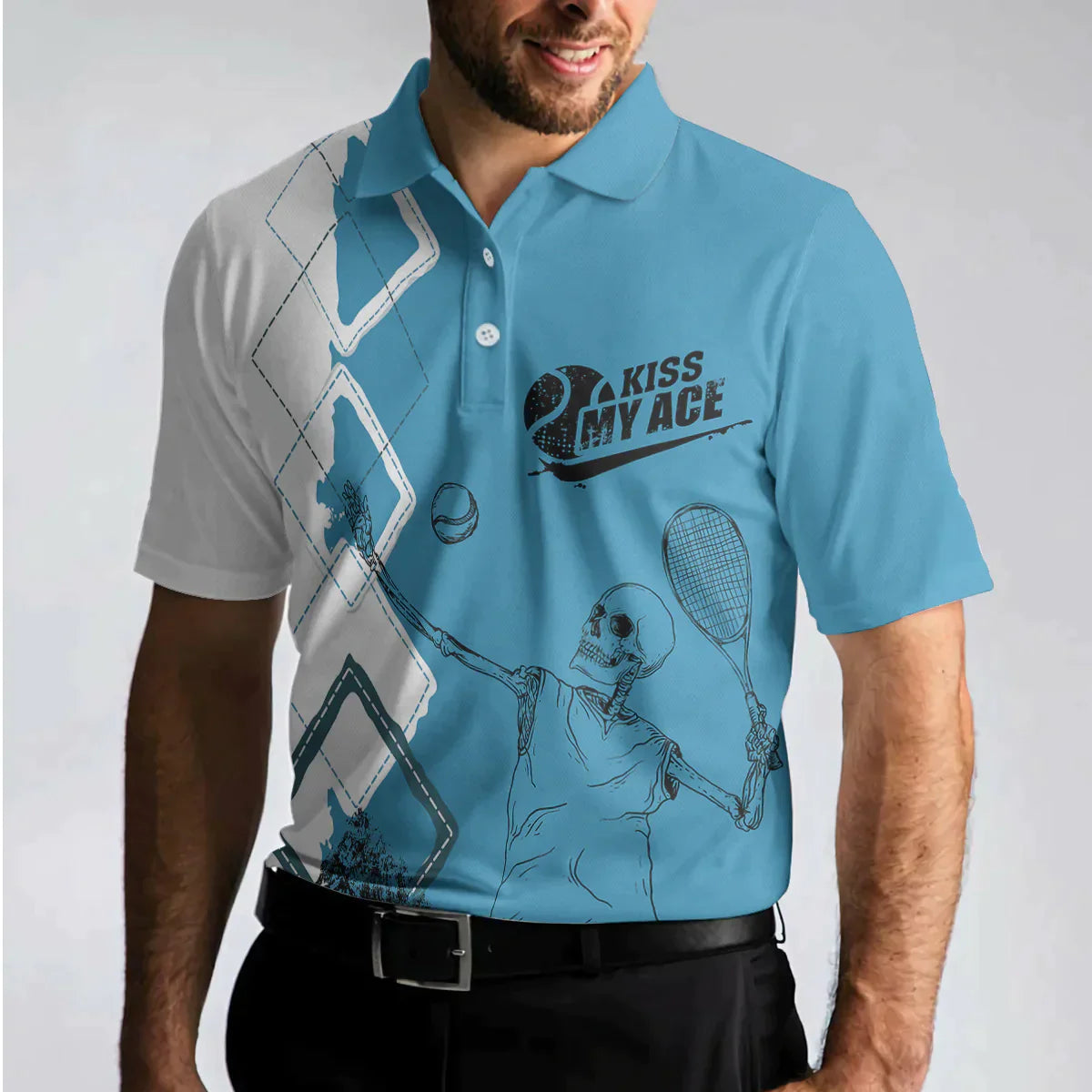 Tennis Men Polo Shirt, Argyle Pattern Skeleton Tennis Player, Kiss My Ace Tennis Polo Shirt For Men - Best Gift For Tennis Players, Tennis Lovers - Amzanimalsgift