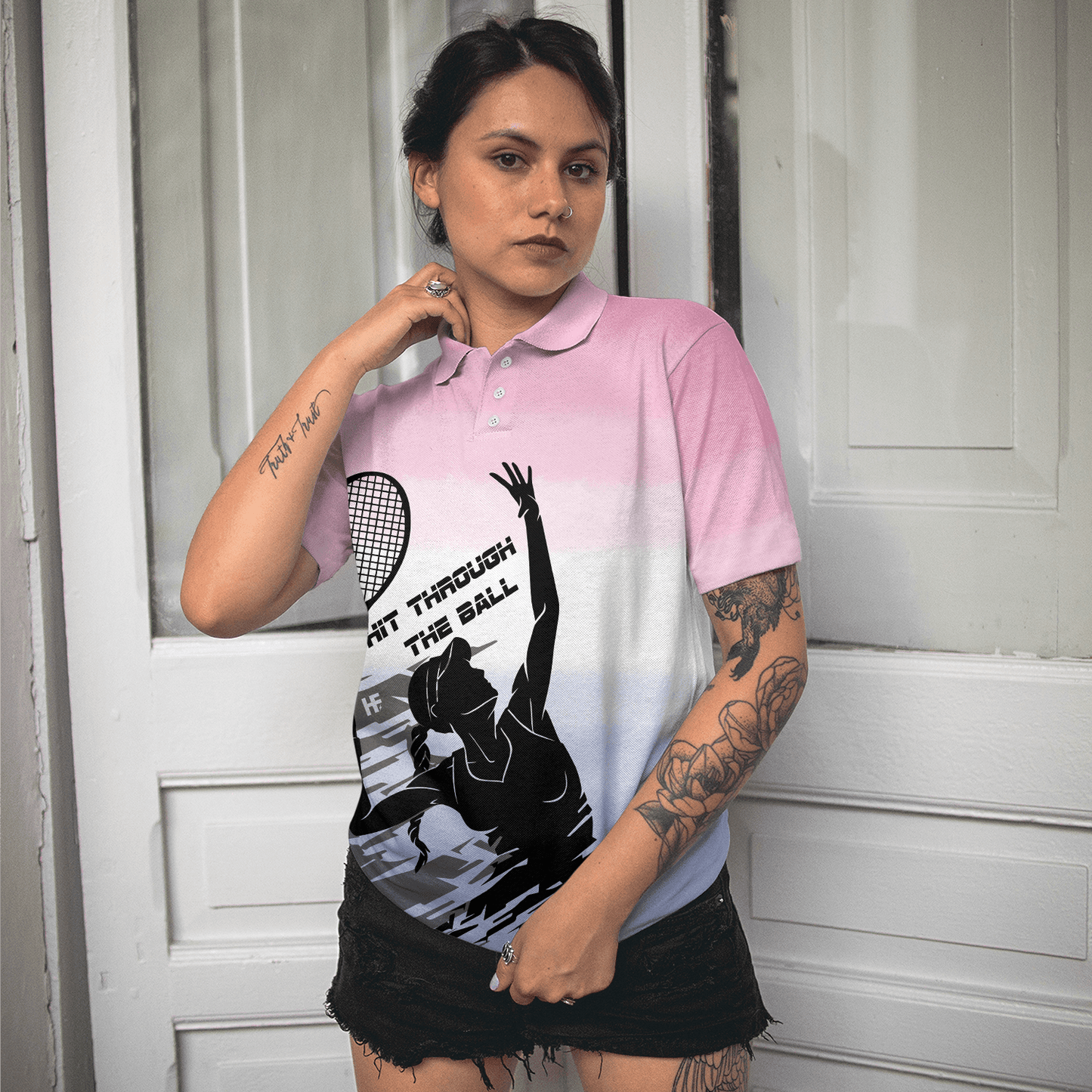 Tennis Women Polo Shirt, Black White Girl Plays Tennis, Hit Through The Tennis Ball Dip-dyed Pink Women Polo Shirts, Gift For Ladies, Tennis Lovers - Amzanimalsgift