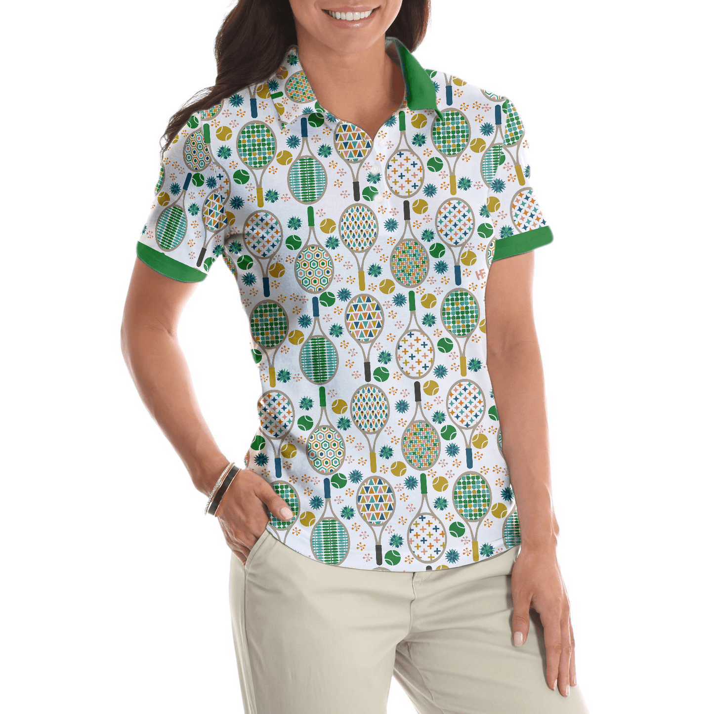 Tennis Women Polo Shirt, Green And Golden Tennis Pattern Women Polo Shirts, Unique Gift For Female Tennis Players, Ladies, Tennis Lovers - Amzanimalsgift