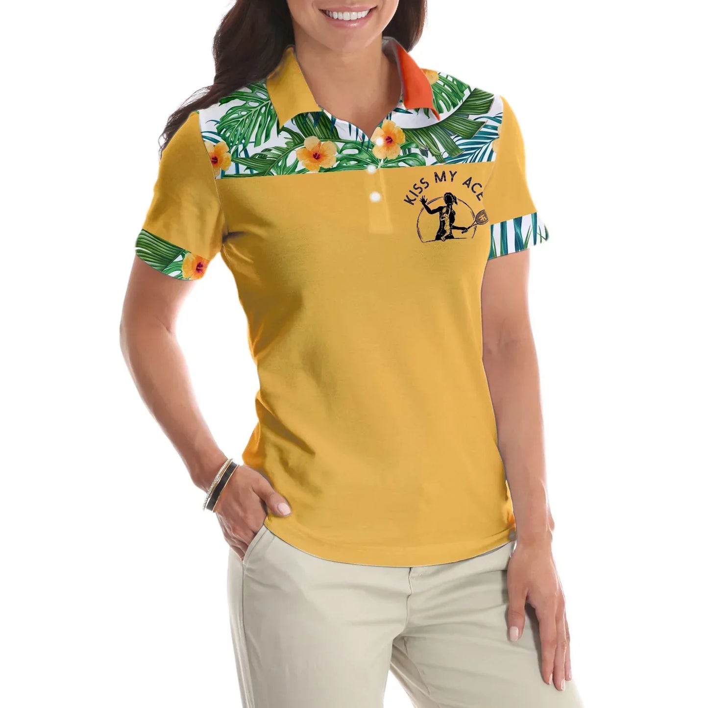 Tennis Women Polo Shirt - Kiss My Ace, Floral Tropical Pattern Tennis Women Polo Shirts - Best Gift For Ladies, Female, Girls, Tennis Lovers - Amzanimalsgift