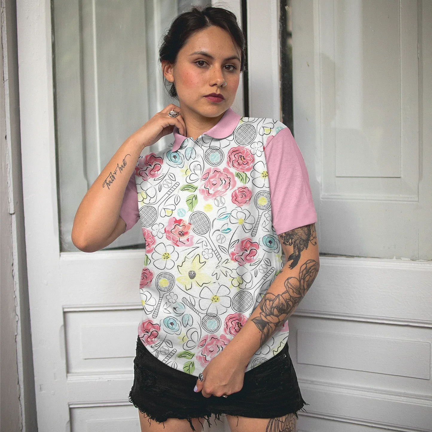 Tennis Women Polo Shirt - Lovely Pink Floral Tennis Racket Pattern Women Polo Shirts - Best Gift For Ladies, Female, Girls, Tennis Lovers - Amzanimalsgift
