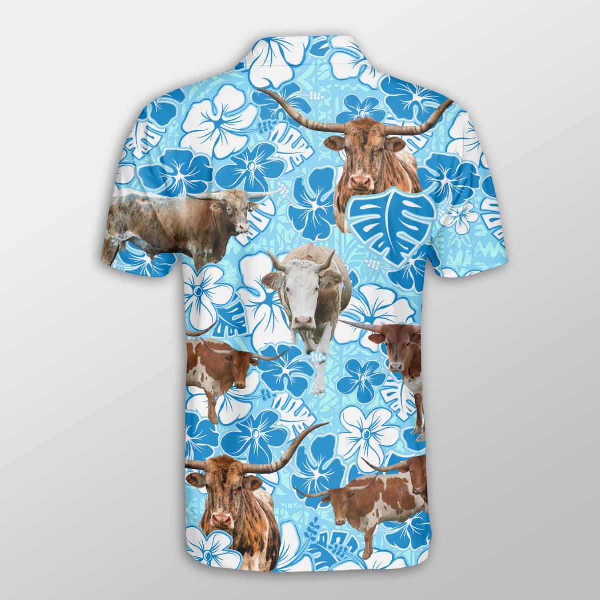 Texas Longhorn Men Polo Shirts - Texas Longhorn Blue Floral Pattern Button Shirts For Men - Perfect Gift For Texas Longhorn Lovers, Cattle Lovers - Amzanimalsgift