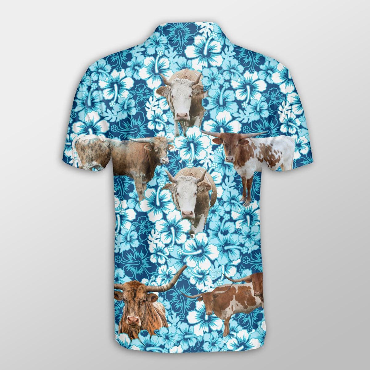 Texas Longhorn Men Polo Shirts - Texas Longhorn Blue Hibiscus Pattern Button Shirts For Men - Perfect Gift For Texas Longhorn Lovers, Cattle Lovers - Amzanimalsgift