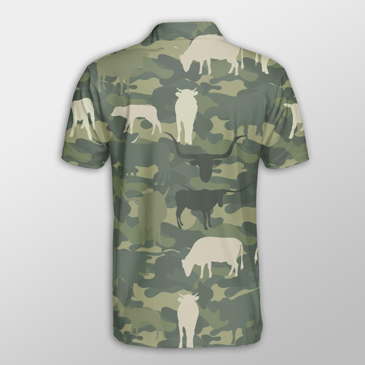 Texas Longhorn Men Polo Shirts - Texas Longhorn Camo Pattern Button Shirts For Men - Perfect Gift For Texas Longhorn Lovers, Cattle Lovers - Amzanimalsgift