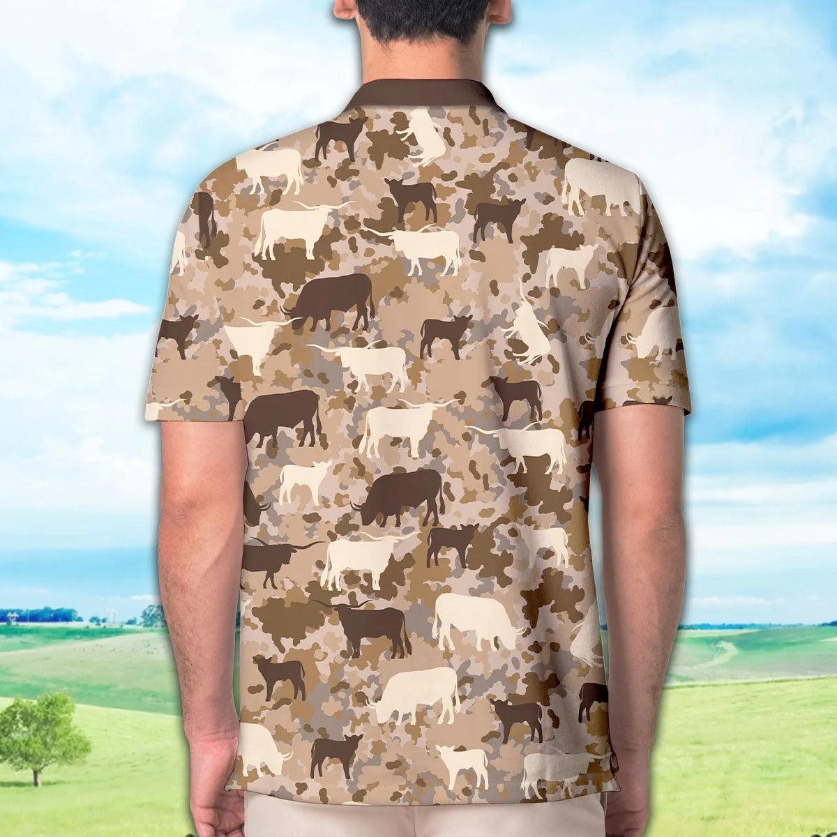 Texas Longhorn Men Polo Shirts - Texas Longhorn Camo Pattern Polo Shirts For Men - Perfect Gift For Texas Longhorn Lovers, Cattle Lovers - Amzanimalsgift