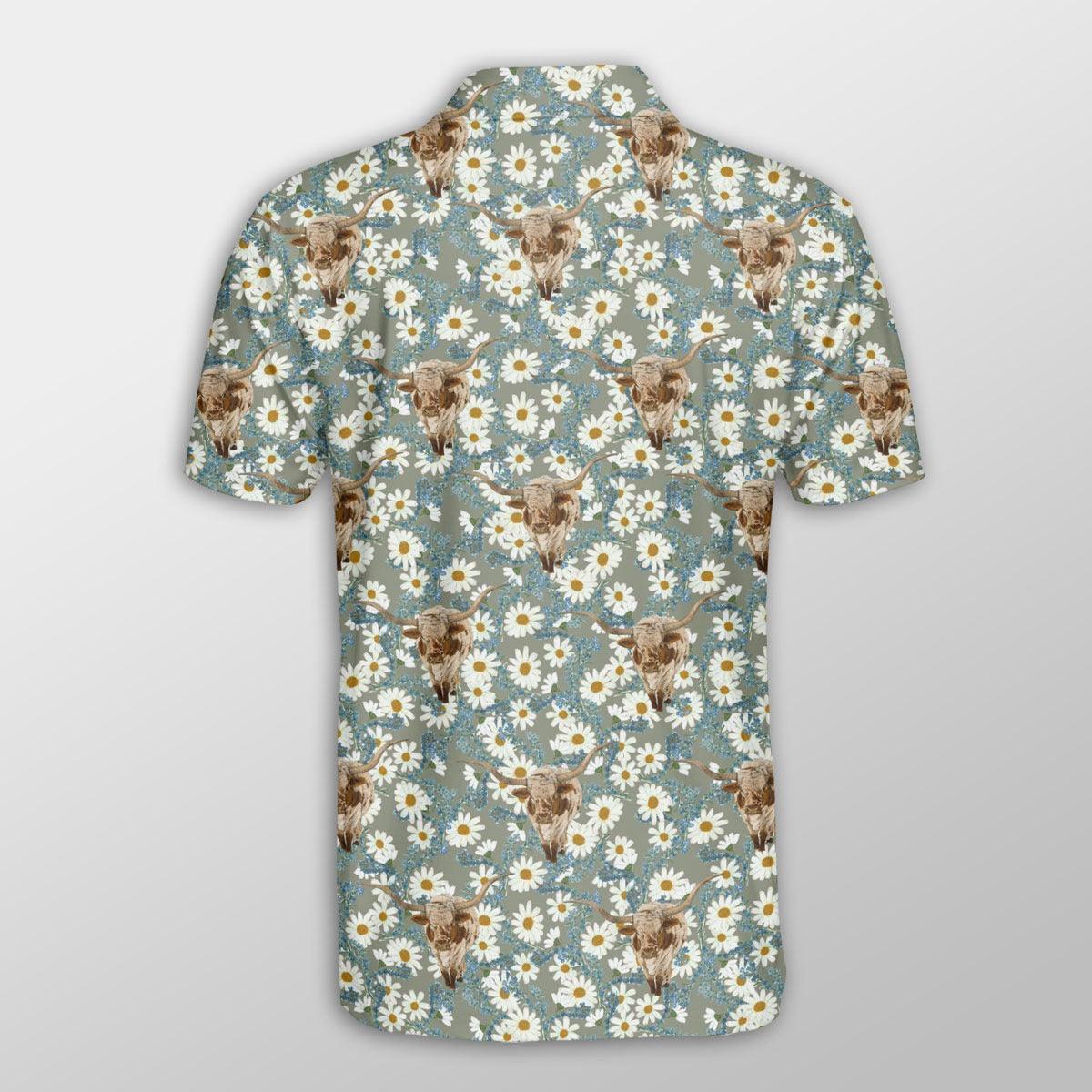 Texas Longhorn Men Polo Shirts - Texas Longhorn Camomilles Flower Grey Pattern Shirts For Men - Perfect Gift For Texas Longhorn Lovers, Cattle Lovers - Amzanimalsgift