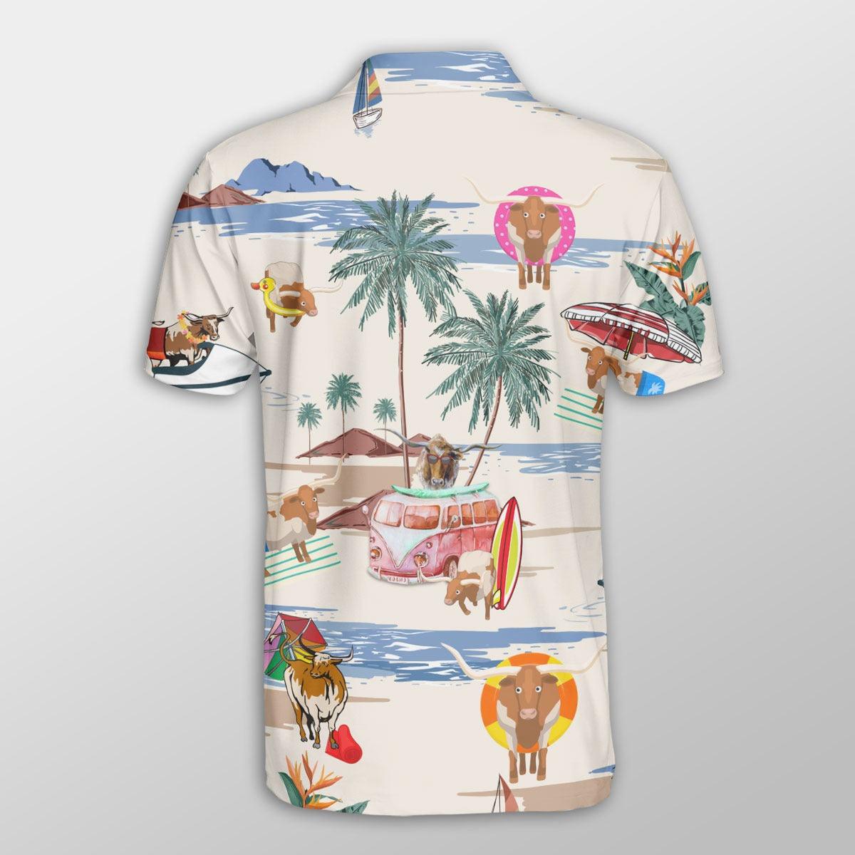 Texas Longhorn Men Polo Shirts - Texas Longhorn Summer Beach Pattern Button Shirts For Men - Perfect Gift For Texas Longhorn Lovers, Cattle Lovers - Amzanimalsgift