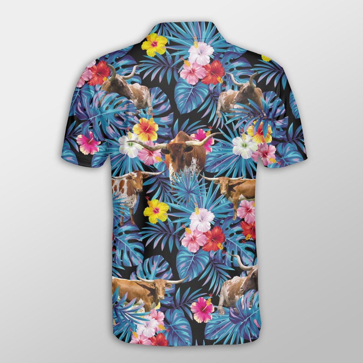 Texas Longhorn Men Polo Shirts - Texas Longhorn Tropical Flowers Leaves Pattern Shirts For Men - Perfect Gift For Texas Longhorn Lovers, Cattle Lovers - Amzanimalsgift