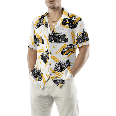 Tractor Hawaiian Shirt, Tractors On Wheat Pattern Aloha Shirt For Men - Perfect Gift For Tractor, Husband, Boyfriend, Family, Friends - Amzanimalsgift
