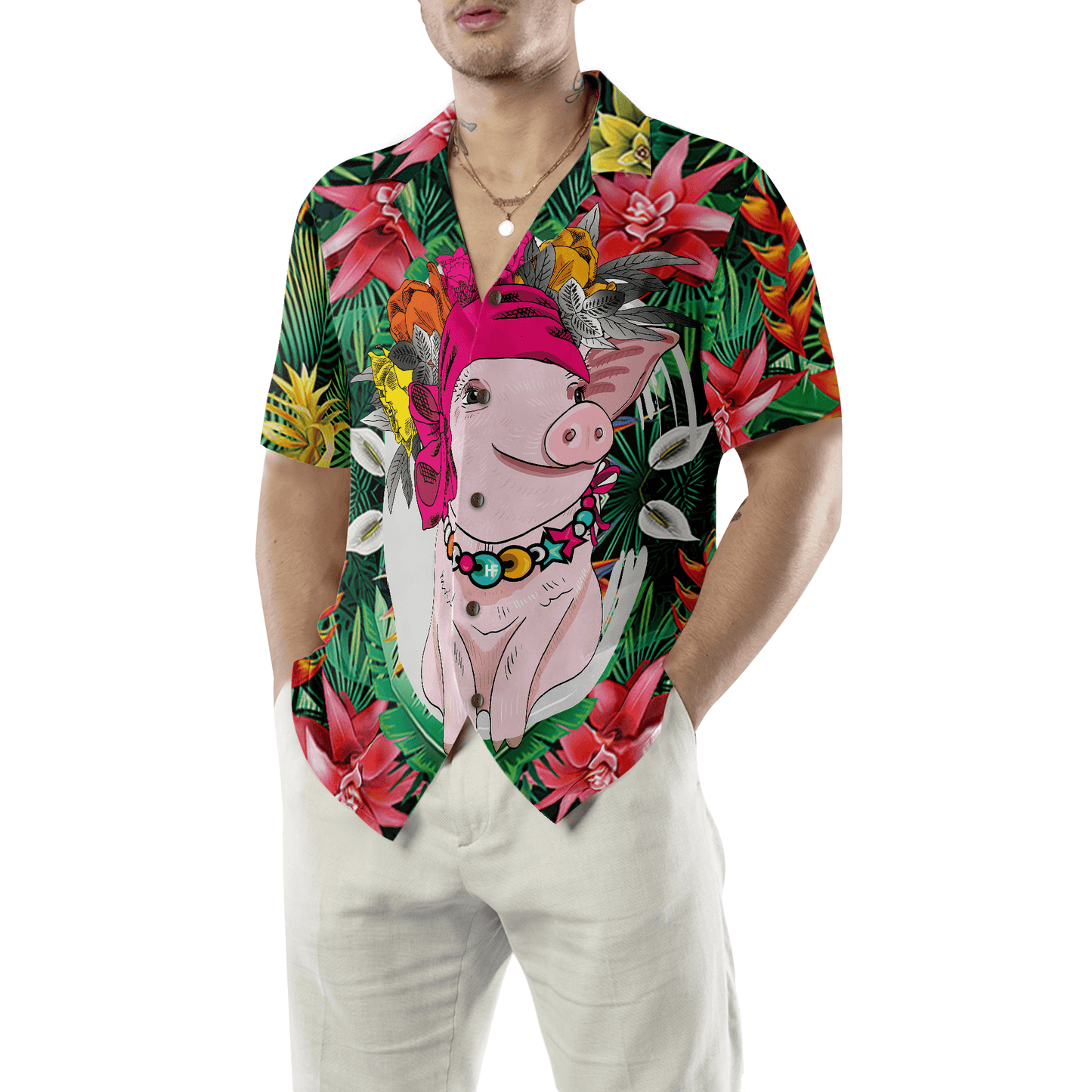 Tropical Pig Aloha Hawaiian Shirt For Summer, Colorful Hawaiian Shirt Outfit For Men Women, Gift For Friend, Team, Family - Amzanimalsgift