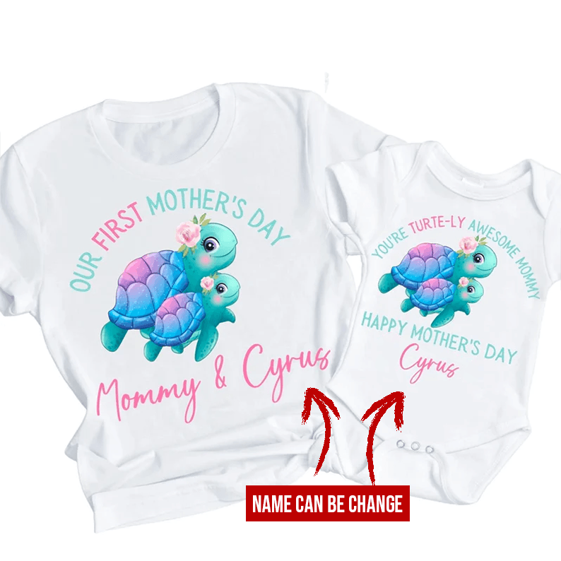 Turtle Baby Onesies, Matching T-Shirt & Baby Onesie Our First Mother's Day Mommy & Baby Cute Turtle Printed Custom Name Personalized Onesies, Newborn Onesies - Perfect Gift For Baby, Baby Gift Onesie - Amzanimalsgift
