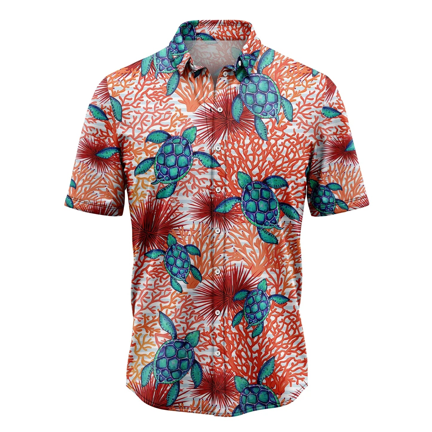 Turtle Coral Hawaiian Shirt, Sea Turtle Coral Aloha Shirt For Men Women - Perfect Gift For Turtle Lovers, Husband, Boyfriend, Friend, Family, Wife - Amzanimalsgift