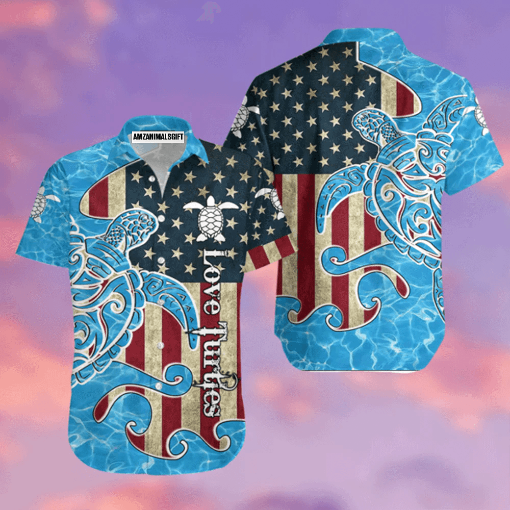 Turtles American Flag Love Turtle Aloha Hawaiian Shirts For Men Women, 4th Of July Gift For Summer, Friend, Family, Independence Day, Turtle Lovers - Amzanimalsgift