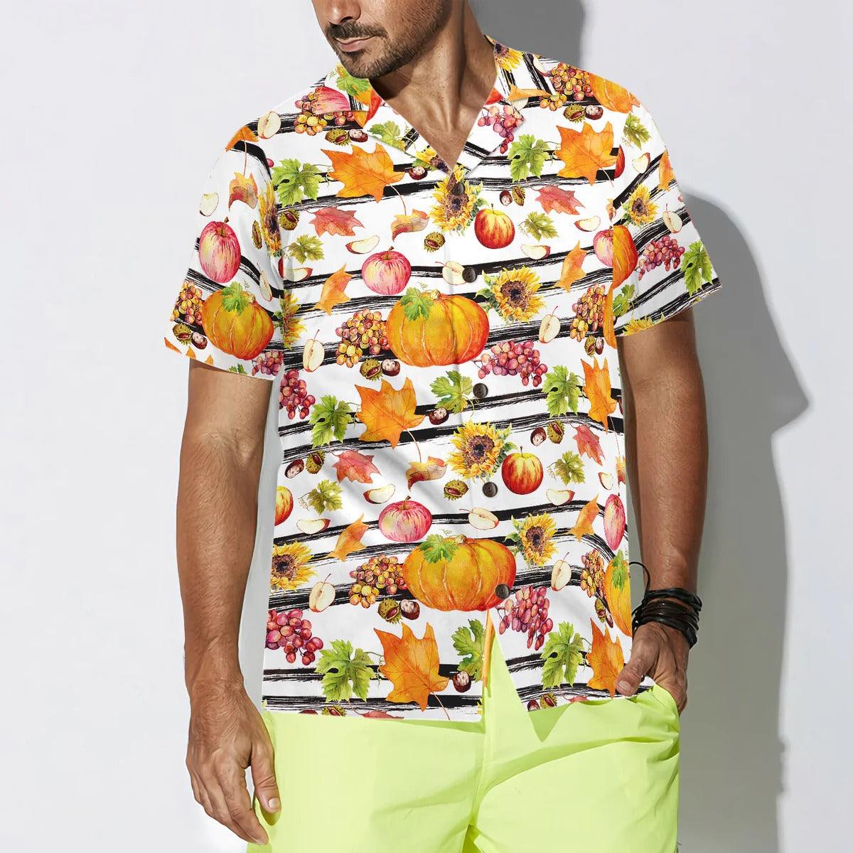 Vegetables Hawaiian Shirt - Watercolor Thanksgiving Vegetables With Black Stripes Hawaiian Shirt, Pumpkin Hawaiian Shirt - Gift For Lover, Friend, Family - Amzanimalsgift