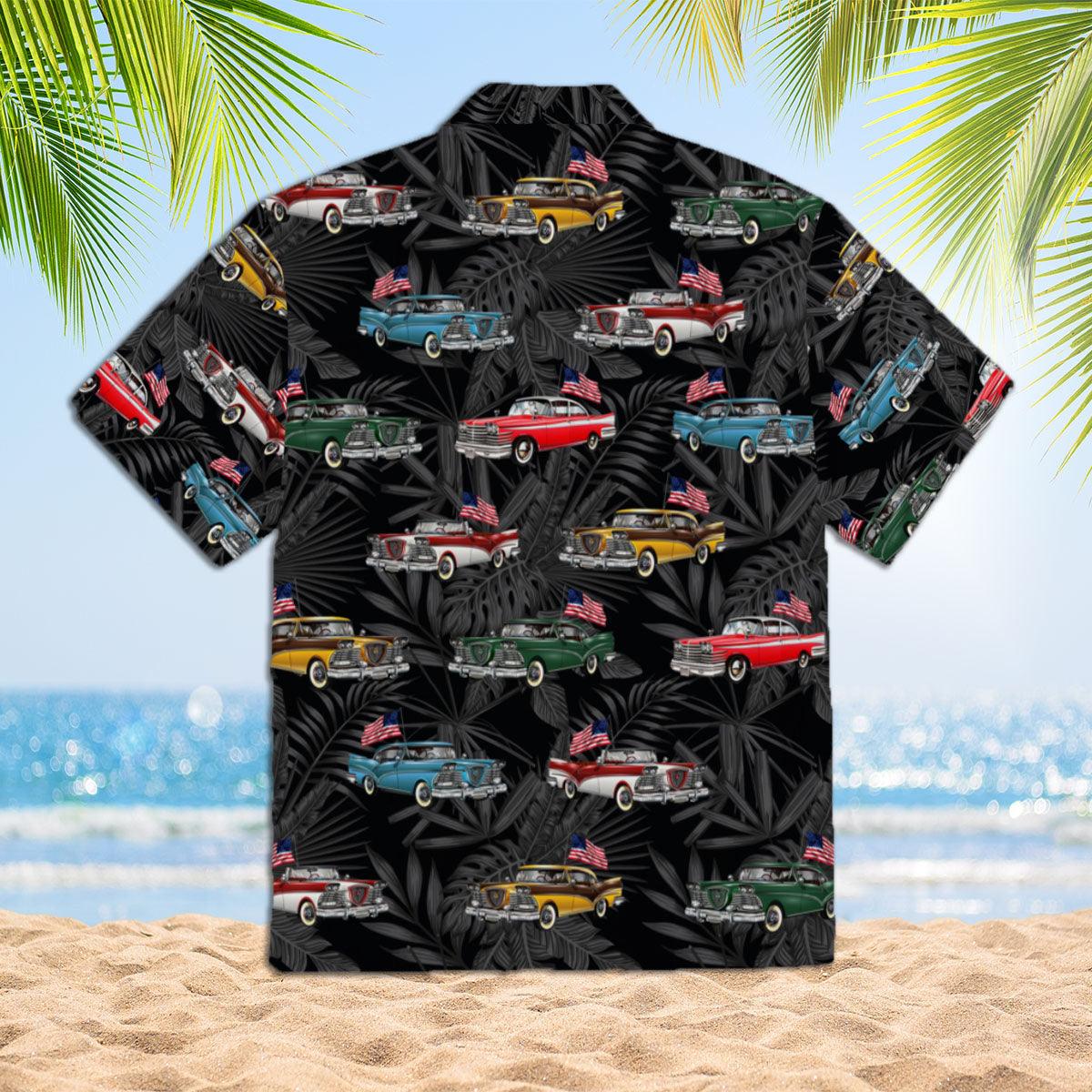 Vintage Car With American Flag Black Aloha Hawaiian Shirts For Men Women, 4th Of July Gift For Summer, Friend, Family, Independence Day, Car Lovers - Amzanimalsgift