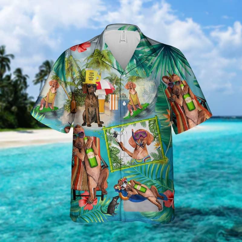 Vizsla Hawaiian Shirt, Vizsla Surfing On Beach Hawaiian Shirt For Men - Perfect Gift For Vizsla Lovers, Husband, Boyfriend, Friend, Family - Amzanimalsgift