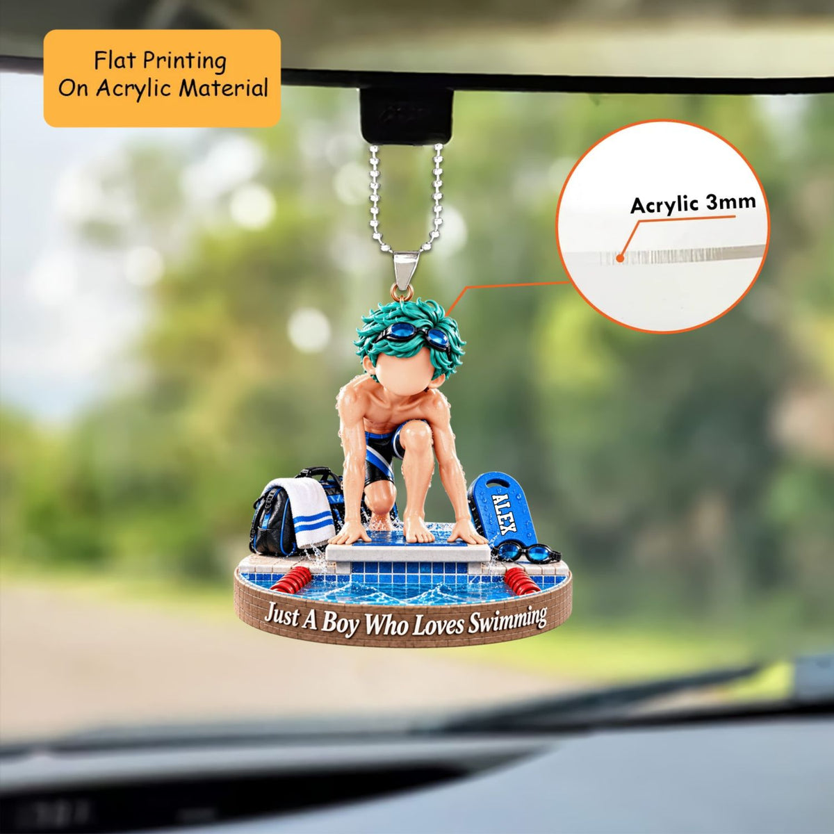 Personalized Swimming Christmas Ornament, Just A Boy Who Loves Swimming Block Setup, Custom Ornament Christmas Gift, Keychain Swimming, Car Ornament Swimming