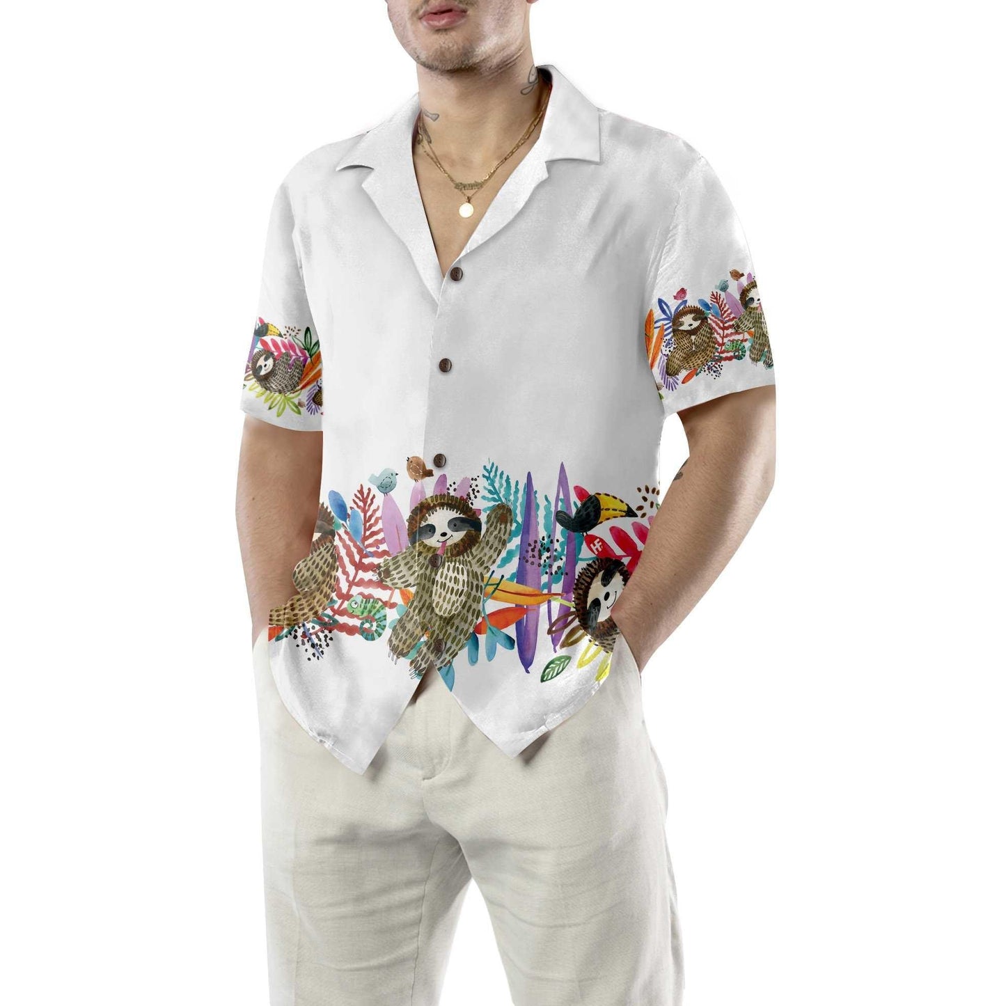 Watercolor Cute Sloth And Tropical Plant Aloha Hawaiian Shirt For Summer, Funny Sloth Themed Hawaiian Shirt For Men Women Adults, Gift For Friend - Amzanimalsgift