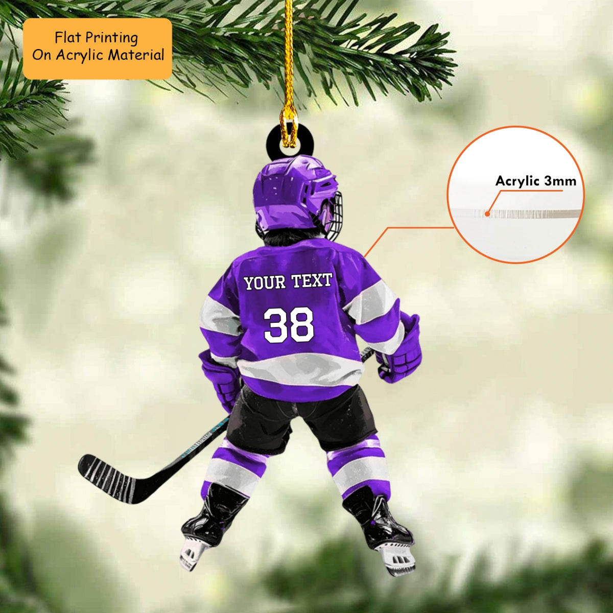 Personalized Kid Ice Hockey Player Flat Acrylic Ornament, Meaningful Ornament Gifts For Son, Grandson, Granddaughter