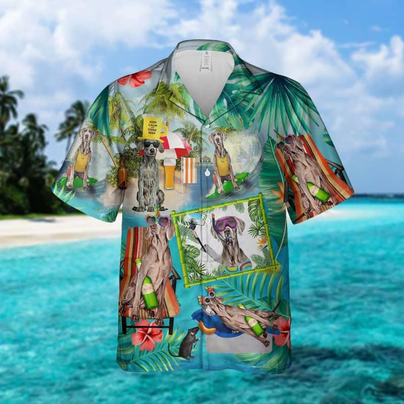 Weimaraner Hawaiian Shirt - Weimaraner Surfing On Beach Hawaiian Shirt For Men - Perfect Gift For Weimaraner Lover, Husband, Boyfriend, Friend, Family - Amzanimalsgift
