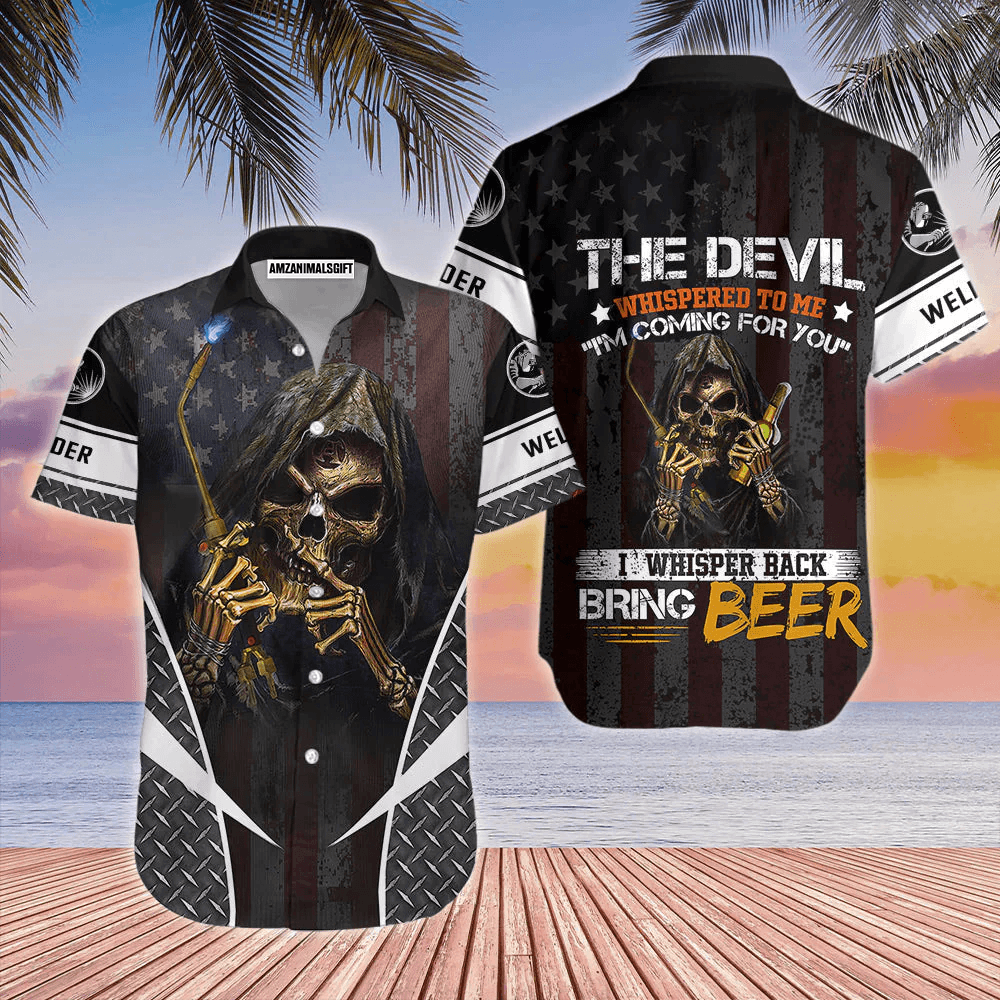 Welder American Flag Patriotic Skull With Beer Aloha Hawaiian Shirts For Men Women, 4th Of July Gift For Summer, Friend, Family, Independence Day - Amzanimalsgift
