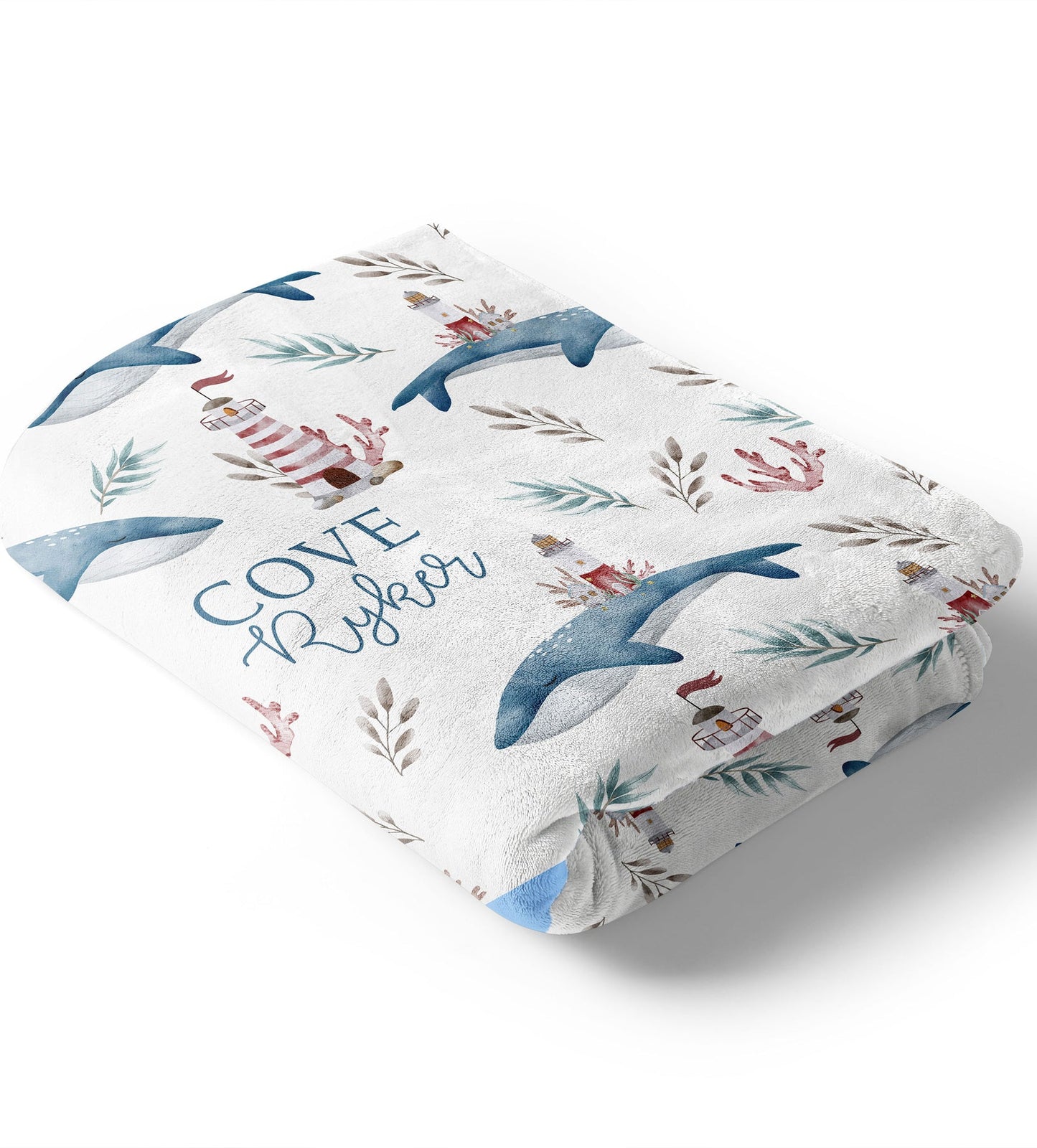 Whales & Lighthouse Baby Kids Blanket With Customized Name For Baby Nursery, Son, Daughter, Granddaughter, Grandson