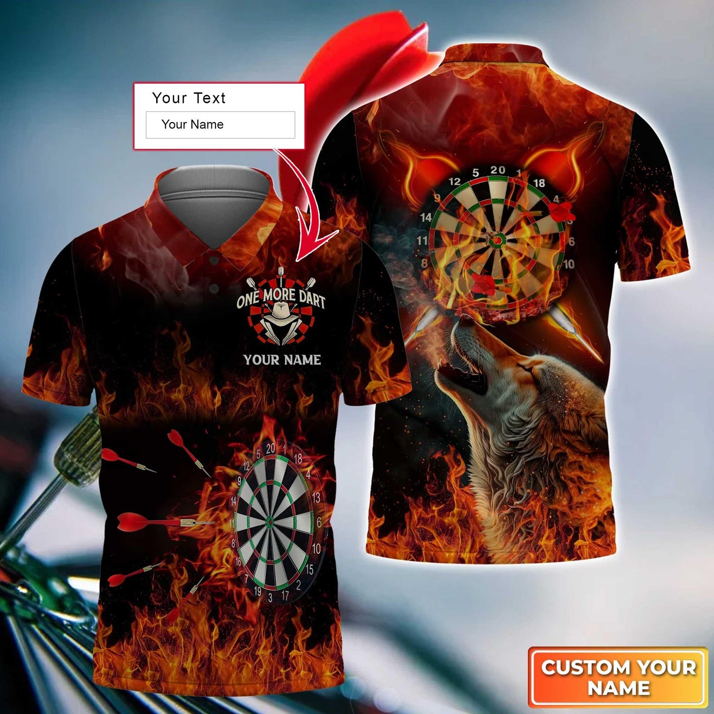 Wolf And Darts Custom Name Men Polo Shirt, Flame Bullseye Dartboard Personalized Men Polo Shirt Gift For Darts Lovers, Friend, Team Player - Amzanimalsgift