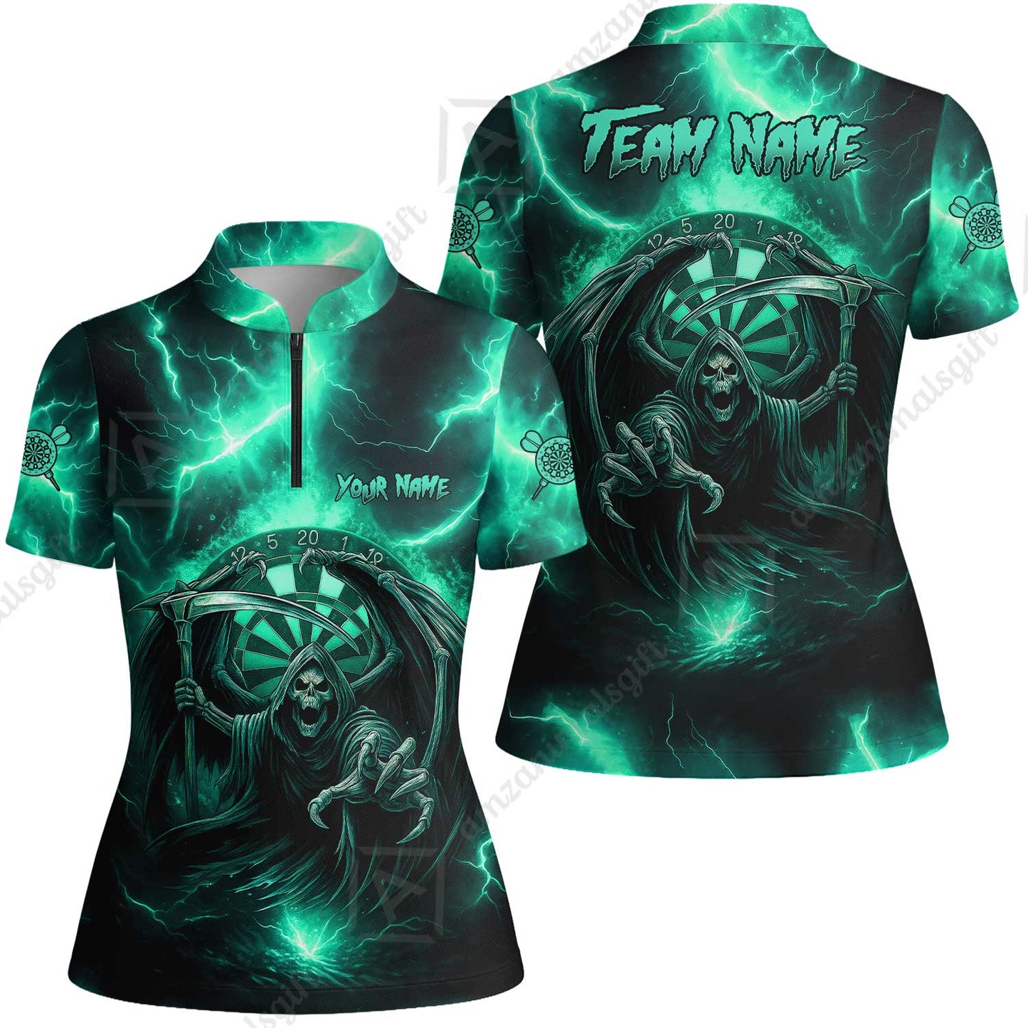 Customized Darts Women Jersey Shirt, Darts Grim Reaper Thunder Lightning Turquoise And Blue Team Jersey For Darts Player