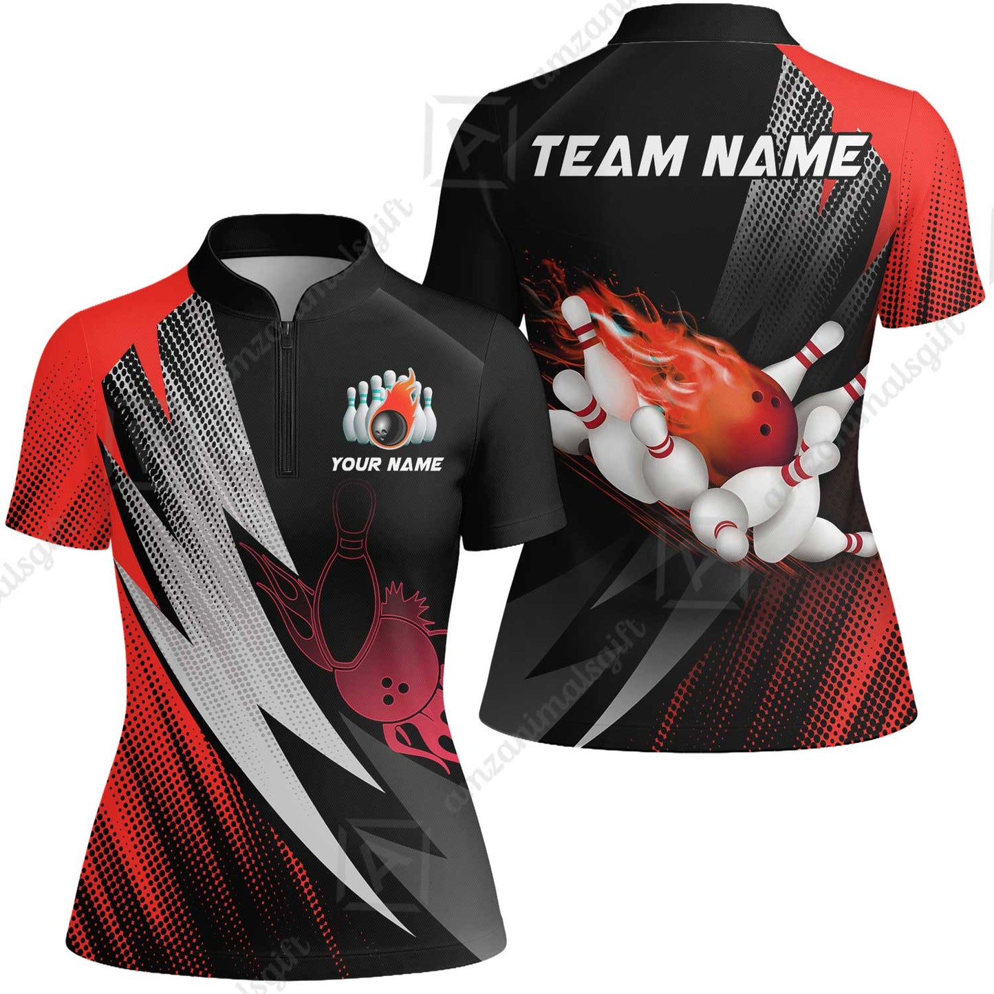Customized Bowling Women Jersey Shirt, Bowling Ball And Pins Thunder Polka Dot Motifs Multicolor Option Customized Name And Team Polo Shirts