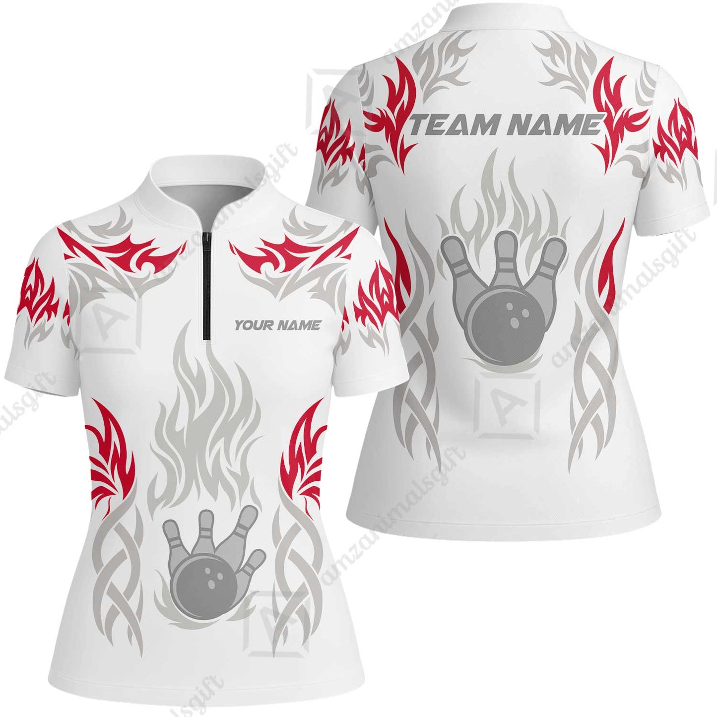 Personalized Bowling Team Women Jersey Shirt, Tribal And Bowling Flame Multi Option Customized Polo Shirt - White