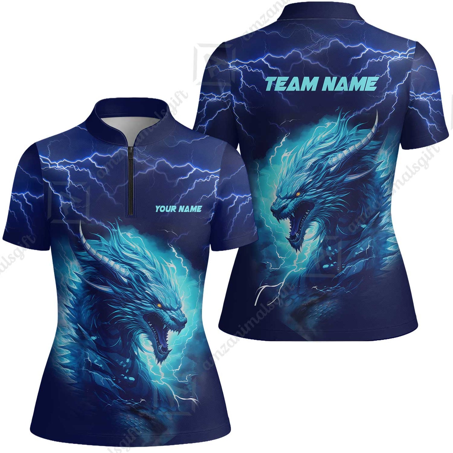 Bowling Customized Jersey Shirt Navy Blue Lightning Thunder Dragon Quarter Zip Bowling Shirt For Bowlers, Bowling Team
