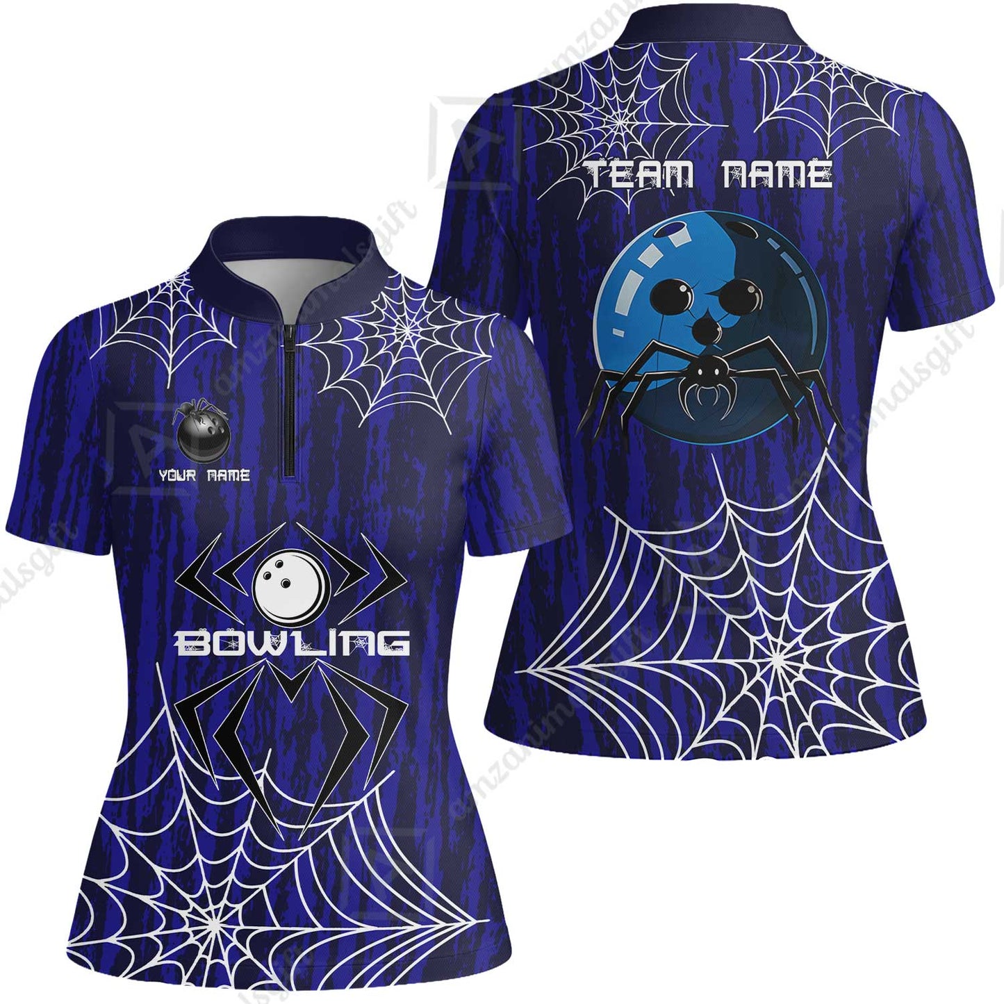 Custom Spider Blue Camo Bowling Team Jersey Polo Shirts, Halloween Bowling Team Uniforms Jerseys, Personalized Name And Team Name