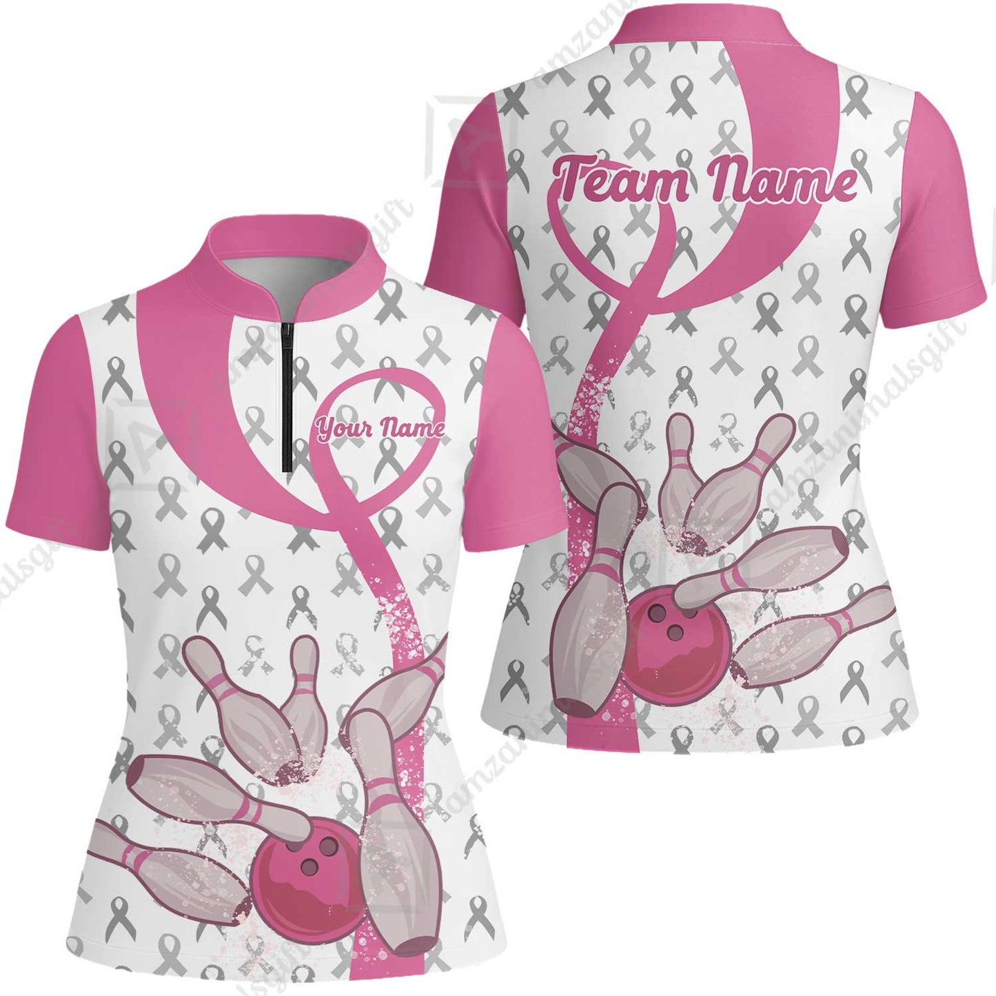 Pink Ribbon Breast Cancer Custom Bowling Team Polo Shirts, Pink Ribbon Bowling Team Uniforms Jerseys Personalized Name And Team Name