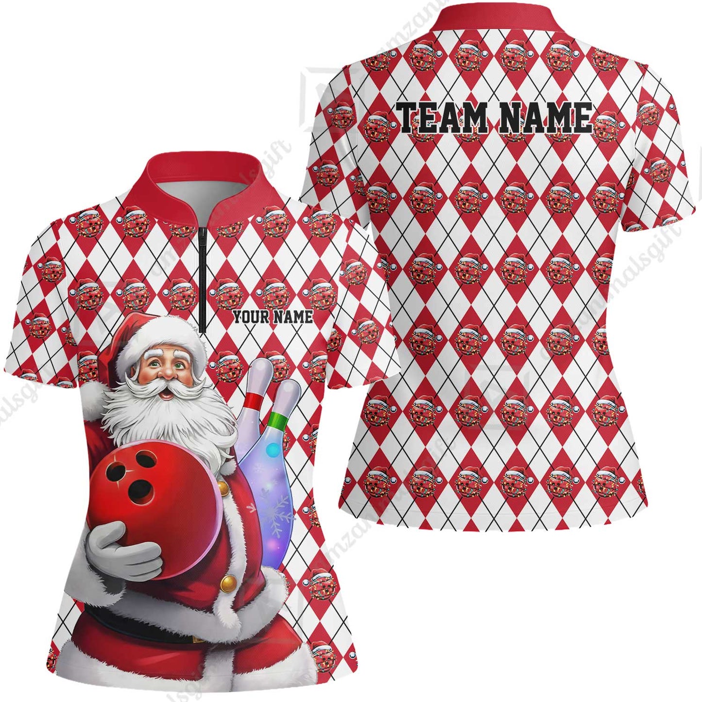 Bowling Argyle Pattern - Custom Christmas Santa Bowling Team Jerseys Polo Shirts, Personalized Christmas Bowling uniforms