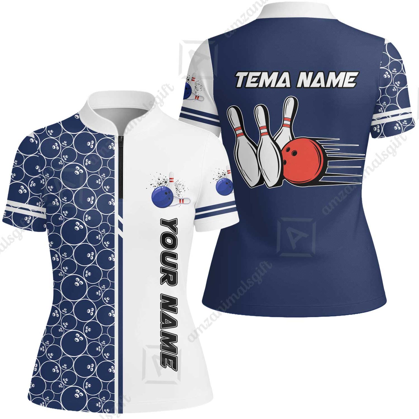 Customized Bowling Team Women Jersey Shirt, Bowling White And Blue Pattern Uniforms Shirt Personalized Name And Team Name