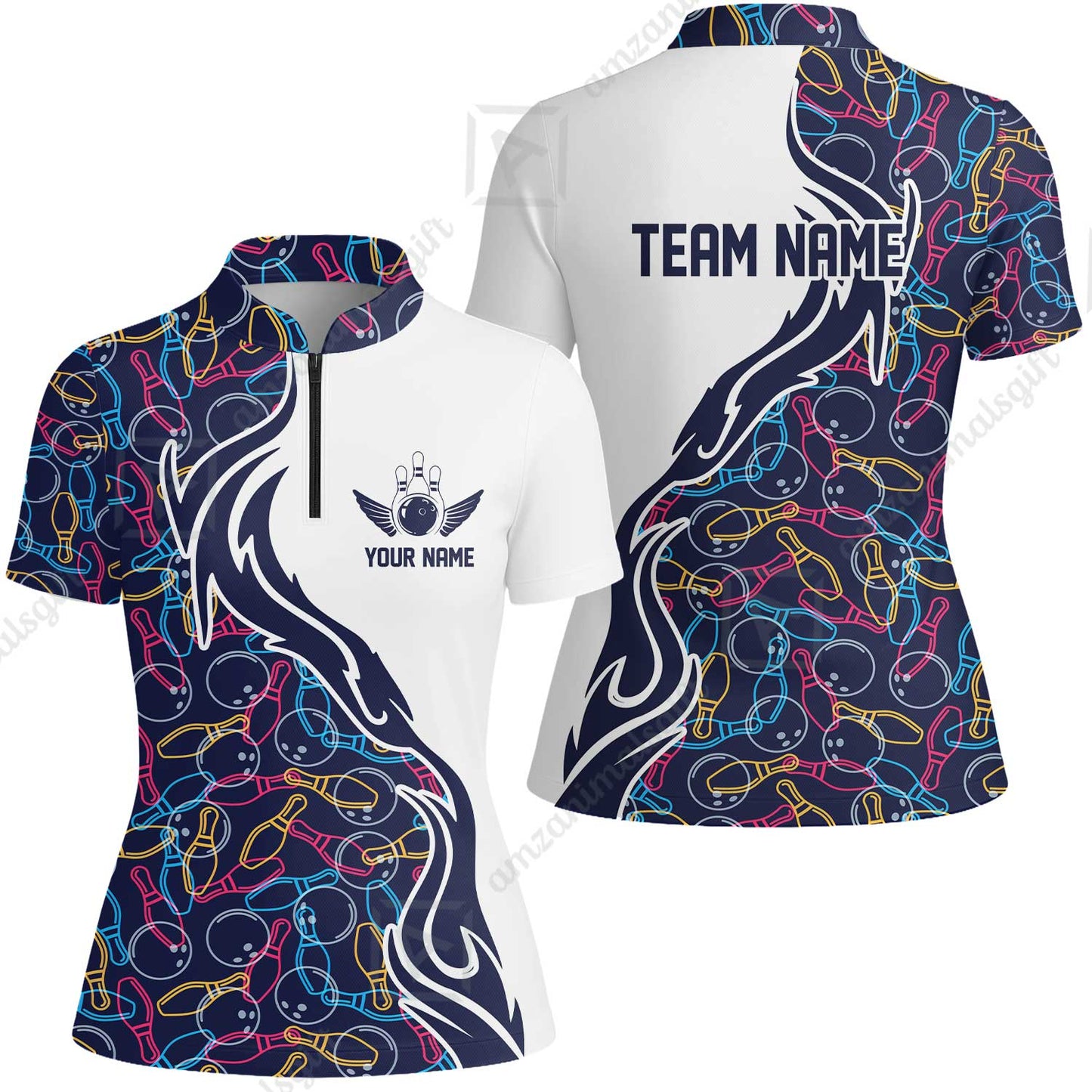 Customized Bowling Women Jersey Shirt Skittles And Balls Outline Bowling Pattern Custom Name And Team Name For Bowlers