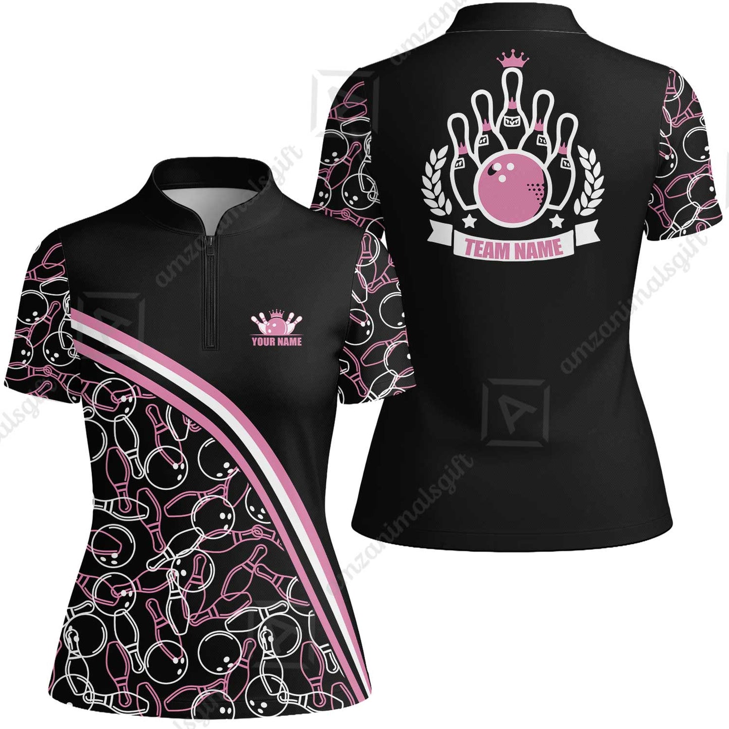 Bowling Customized Women Polo Shirt - Black Pink Bowling Pattern Personalized Bowling Polo Shirt - Gift For Friend, Family, Bowling Lovers