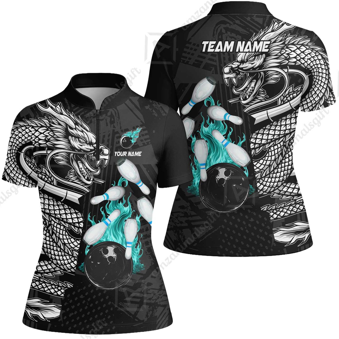Custom Bowling Team Jerseys Polo Shirts, Bowling uniforms Bowling & Pins Dragon Flame Fire Multicolor Options Personalized Name And Team Name