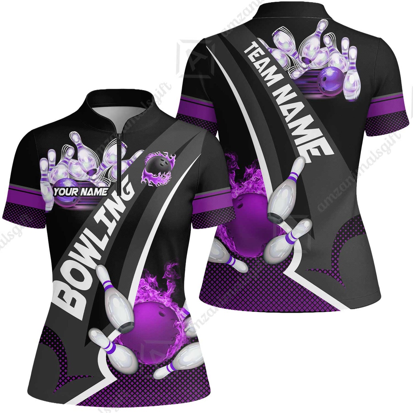 Customized Bowling Polo, Bowling And Pins Plame Premium Multicolor Option Personalized Name And Team Zipper Polo Jerseys Shirts