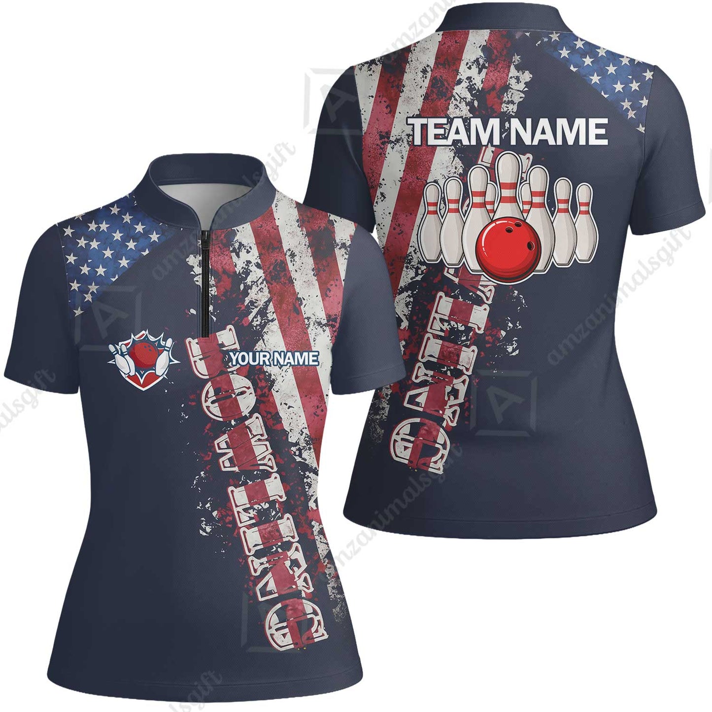 Bowling Custom Women Polo Shirt - Custom Name Patriotic American Flag Bowling Personalized Bowling Jersey Polo Shirts - Uniforms For Bowlers