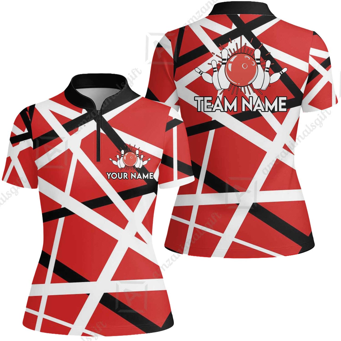 Custom Bowling Team Jersey Shirt, Bowling uniforms Vintage Retro Rock Style Guitar Red & White Personalized Name And Team Name