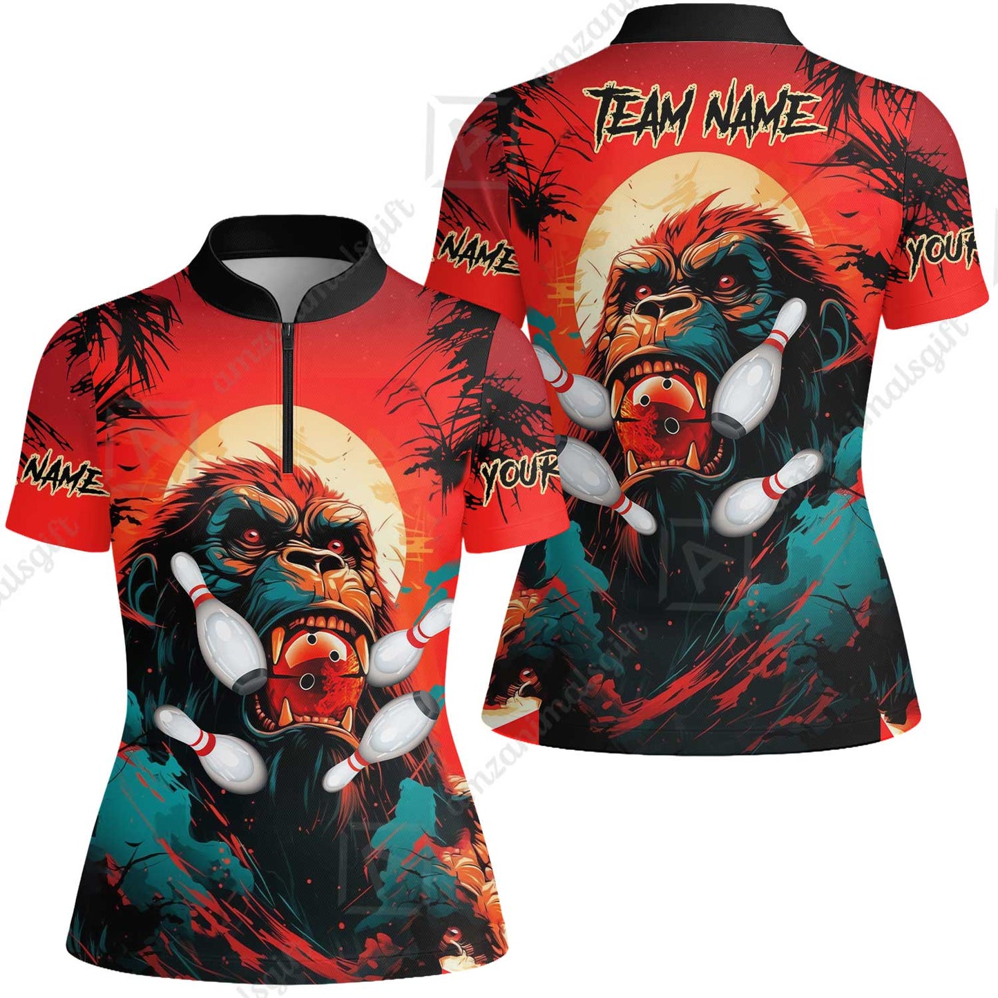 Custom Bowling Team Jerseys Polo Shirts, Bowling uniforms Godzilla KingKong Pattern Personalized Name And Team Name
